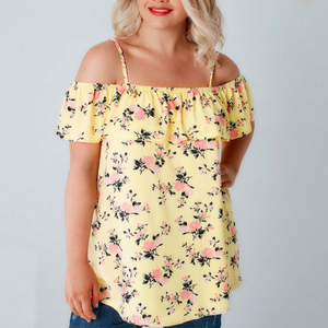 Blusas Casuales de Punto para Mujer, 100% Algodón Ecológico, Manga Corta, Estampado Completo, Estilo Occidental para Verano - Product Image 1