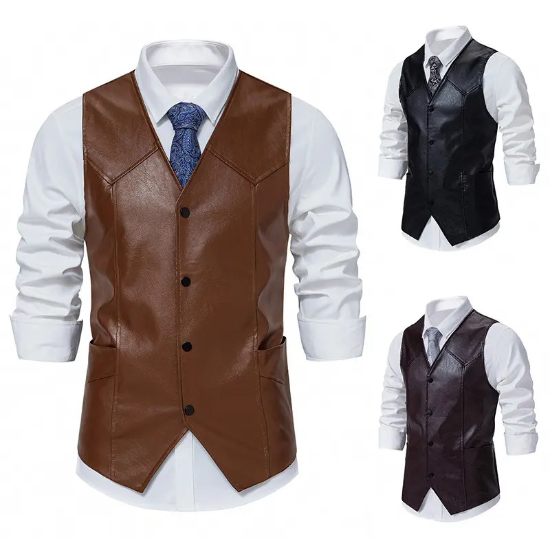 2024 New Men's Retro V-neck Single Breasted Motorcycle Vest Fashion European Size Slim Fit PU Leather Vest for Men