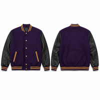 Veste de baseball personnalisée avec logo brodé, en coton violet, polyester, polaire, manches en simili cuir, streetwear, veste d'équipe