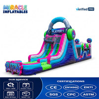 Tobogán Acuático Inflable de Doble Carril con Temática de Auriculares de Videojuegos Neon, Combinación de Obstáculos, PVC Resistente para Fiestas Infantiles, Jardín Trasero y Uso Comercial