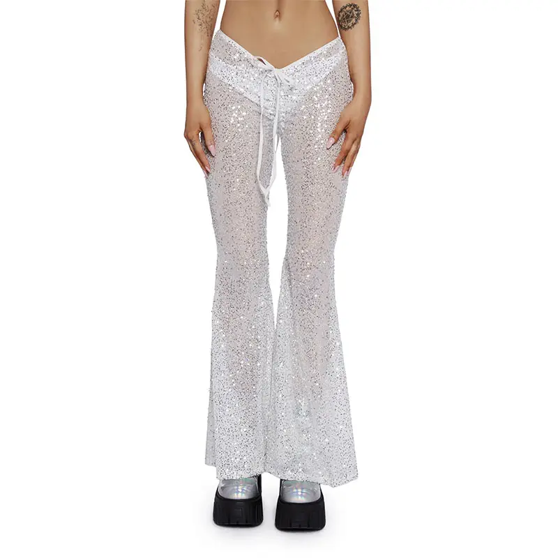 Summer Ladies Custom White Mesh Full Sequin Low-rise Drawstring Flared Pants