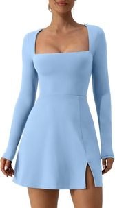 Elegantes eng anliegendes Mini kleid für Damen mit quadratischem Hals und langärmligem Schlitz-Flare-Saum Bodycon Party Tennis kleid Logo Taille - Product Image 5