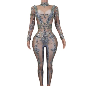 Body de manga larga brillante con diamantes de imitación, traje de actuación de Festival, <span class=keywords><strong>mono</strong></span> de <span class=keywords><strong>talla</strong></span> <span class=keywords><strong>grande</strong></span> con diamantes sexis para mujer, <span class=keywords><strong>mono</strong></span> de <span class=keywords><strong>fiesta</strong></span> para mujer - Product Image 1