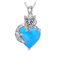 Collier pendentif en opale de feu bleue en forme de cœur de chat adorable pour cadeau