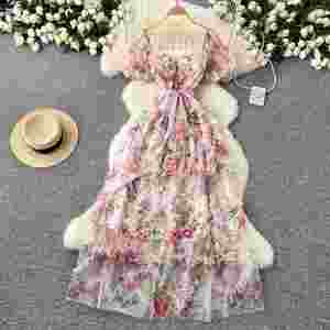 Vestido Midi de Primavera Estilo Hada con Estampado Digital Tejido, Corte A con Volantes, Cintura Imperio, Manga Corta, Morado para Mujer - Product Image 4