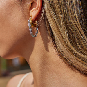 U-Shaped Huggie <b>Earrings</b> With Chain <b>Tassel</b> 18K Gold Stainless Steel Two Tone For Women Light Luxury Fashion Dangle <b>Earrings</b> - Product Image 3