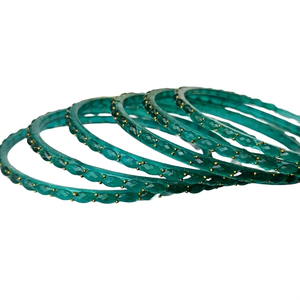 Ensemble de bracelets en verre géométrique Teal Maa Durga avec perles dorées, romantiques, tendance, mode, bracelets de mariage pour femmes - Product Image 1