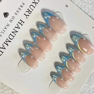 Venta al por Mayor <span class=keywords><strong>de</strong></span> 10 <span class=keywords><strong>Uñas</strong></span> Postizas <span class=keywords><strong>de</strong></span> Gel Pintadas a Mano en <span class=keywords><strong>Azul</strong></span> Francés, Hermosas y Lujosas, Diseño Personalizado, <span class=keywords><strong>Uñas</strong></span> Artificiales a Presión - Product Image 1