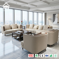 Set Sofa Kulit Asli Kayu Solid Mewah dengan Jahitan Berlian untuk Kustomisasi Furnitur Ruang Tamu Villa Hotel Satu Atap