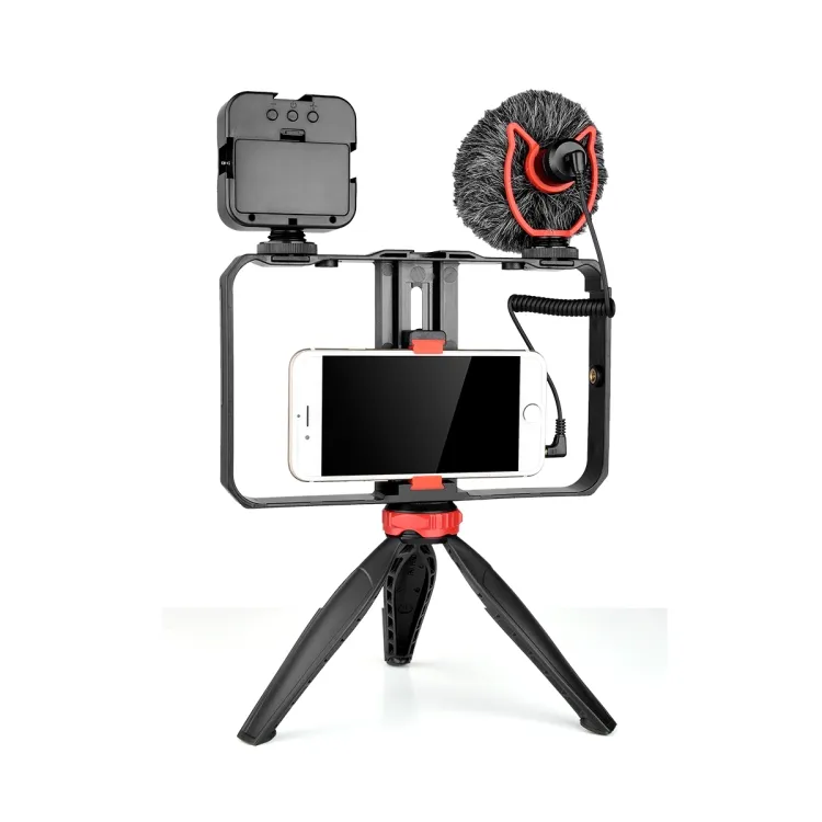 Toptan YELANGU canlı yayın LED selfi ışığı Smartphone Video Rig kolu sabitleyici braketi kitleri ile mikrofon & Tripod
