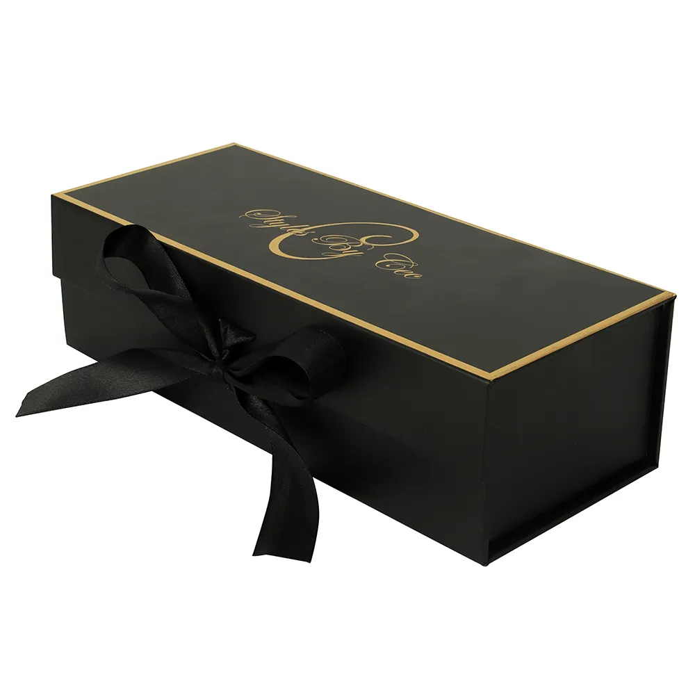 Boutique Luxury custom black rectangular magnetic gift wrap cardboard ribbon paper box with tea box