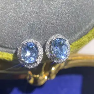 2020 New Design Earrings Solid 18K White Gold Real Diamond Earrings Sapphire Oval Stud Earrings
