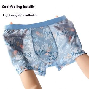 Men's Summer Ultra-Thin Cool Ice Silk Printed <b>Boxer</b> Briefs Large Size Loose Mesh Four-Corner Underwear <b>Custom</b> Logo Waist Fabric - Product Image 4