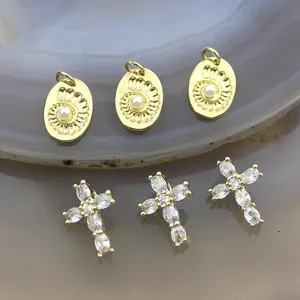 CH-LHP1373 Clear CZ Cross Pendant Gold Plated CZ Cross Pendant Silver Plated Pearl Shell Shape Charms Mother Day Charm Wholesale