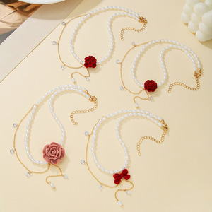 Collar floral de perlas sintéticas con lazo de diamantes de imitación, cadena de clavícula de varias capas para mujer, joyería de aniversario - Product Image 3