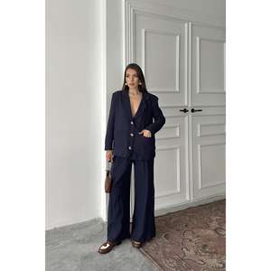 <b>Navy</b> <b>Blue</b> Oversize Women's Suit Set 100% Cotton Oxford Fabric Anti-Wrinkle Wide Leg Pants Long Sleeve <b>Blazer</b> - Product Image 6