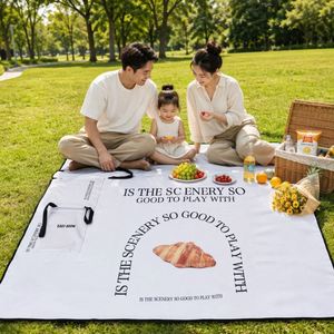 Anti-slip Croissant Printed White Mat <b>Waterproof</b> Oxford Foldable 4-Person Outdoor Picnic <b>Blanket</b> with Storage Pocket All Seasons - Product Image 3