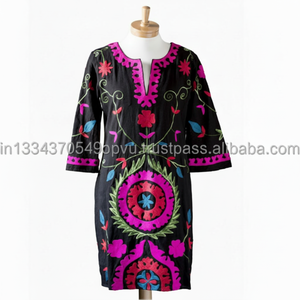 ชุดเดรสผ้าฝ้ายแขนยาวสำหรับผู้หญิง,ชุดเดรสคอตตอนบันจาราสไตล์ยิปซีโบโฮปักลายชุดเดรสคลุมสะโพกสำหรับผู้หญิง - Product Image 1