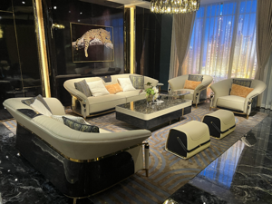 फोशान थोक लक्जरी आधुनिक फर्नीचर सोफे का निर्माण कर रहे हैं लिविंग रूम सोफा सेट डिजाइन टफ्टेड सोफा काला और सोना - Product Image 6