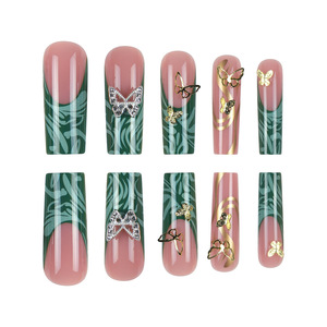 Uñas portátiles con degradado <span class=keywords><strong>verde</strong></span> francés con diseño de mariposa de lujo 24 piezas diamantes de imitación de punto dorado para dedos puntas de uñas de moda - Product Image 5