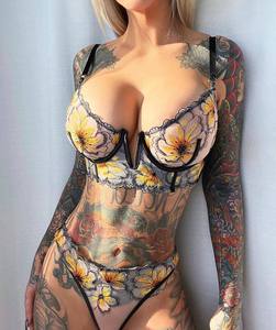 Sexy Low Cut Sunflower Lingerie Floral Embroidered Fishbone Vest Top and Panty Set - Product Image 1