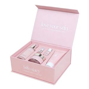 ชุดผลิตภัณฑ์ดูแลผิว Skin Stacy Calming บรรจุในกล่องของขวัญแข็งแรงรักษ์โลกพร้อมหูหิ้วสีชมพู พิมพ์ลาย UV ปิดด้วยแม่เหล็ก บรรจุภัณฑ์เครื่องสำอางระดับไฮเอนด์ - Product Image 1