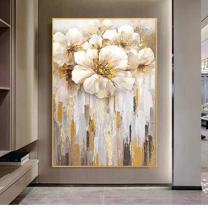 Modern Gold Foil Flower Hand Painted Canvas Texture Large Wall Art Oil ...