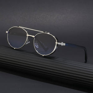 Gafas de Sol Unisex Estilo Steampunk, Montura Completa de Metal, Doble Puente, Lentes de PC con Protección UV400 Clase 2, Color Gris Azul Dorado C14 C2 1 WF 2A553 - Product Image 1