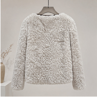 Vintage Damen Woll-Leder Kurzmantel Hellbeige Meliert Grau Rundhals Knopfleiste Schafsfell Winter Freizeitjacke