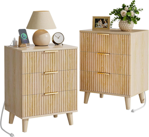 Ensemble de 2 tables de chevet en bois, <span class=keywords><strong>commode</strong></span> à <span class=keywords><strong>3</strong></span> <span class=keywords><strong>tiroirs</strong></span> pour chambre à coucher, tables d'appoint avec station de charge, rangement, table d'appoint - Product Image 1