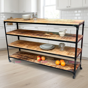 Étagère de présentation industrielle vintage en bois à quatre niveaux avec base en métal, support de table de bar, étagère de cuisine artisanale pour la maison et l'hôtel - Product Image 1