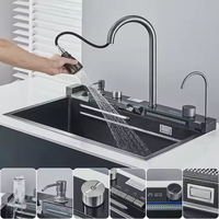 Évier de cuisine en acier inoxydable 304 à cuve unique grande taille, design moderne, robinet à affichage numérique, multifonction, cascade tactile 5