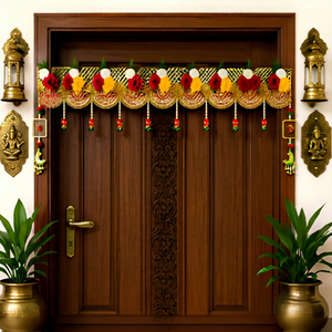 Traditional Indian Door Toran with Red Yellow Flowers and Tassels for Diwali Entryway Decor - Product Image 1