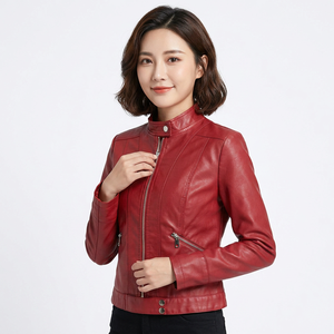 Veste varsity matelassée classique pour femme, design personnalisable en cuir véritable avec manches tissées, veste en cuir rouge - Product Image 6