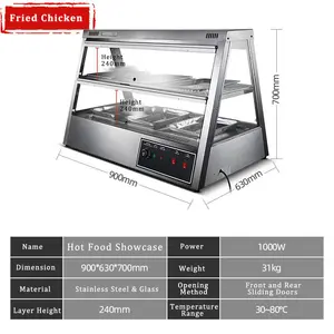 Display penghangat makanan panas 2 lapisan elektrik menampilkan makanan ayam goreng Display hangat kabinet Display makanan panas
