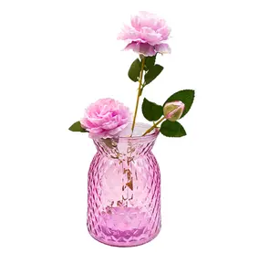 Best selling creative Delicate cheap clear colourful glass vase simple embossed pink plant flower glass vase for home decoration