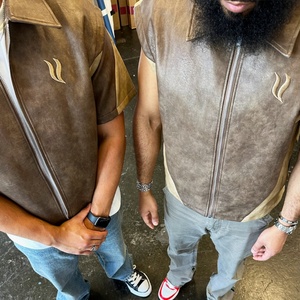 Custom High Quality Distressed Applique Embroidery Short Sleeve t <b>Shirts</b> for Men Pu Leather Zip up Jacket t <b>Shirt</b> - Product Image 3