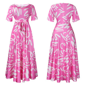 Nouvelle Robe Longue Tissée Décontractée pour Femme 2025, en Spandex Uni, Coupe Trapèze, à Manches Courtes, Imprimée, avec Grand Volant et Lacets, Style Euro USA - Product Image 6