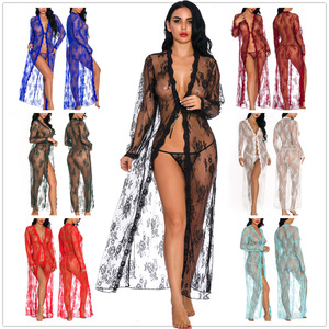 Biancheria da notte divertente biancheria da donna in pizzo intimo Cardigan lunga camicia da notte prospettiva Lingerie cintura con perizoma - Product Image 3