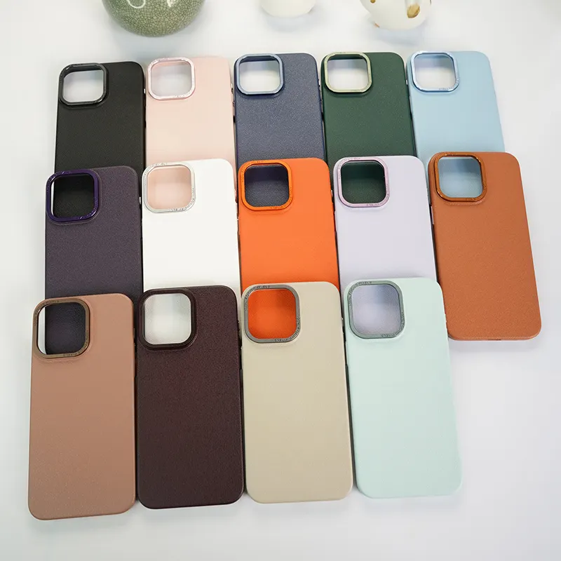 for iPhone 15 Pro super thin Leather Texture Hard PC slim phone case with metal camera ring