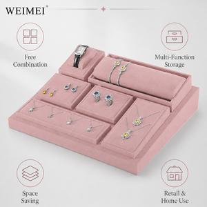 WEIMEI Présentoir à bijoux multicouche en velours rose poudré, support pour montres, bagues et colliers, pour boutique, magasin de cadeaux, ensemble de présentation de bijoux - Product Image 4