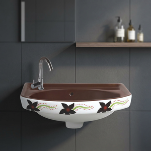 Lavabo con estampado de flores blancas y azules Diseño simple moderno Gabinete de tocador de baño montado en la pared Fregadero de cerámica - Product Image 4