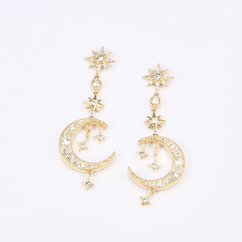 Big Luxury Gold Filled Sun Moon Stars Drop Earrings Rhinestone Earrings for Women