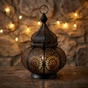 Lanterne fantaisie de style marocain en fer noir avec crochet de suspension pour la décoration de la maison - Product Image 1