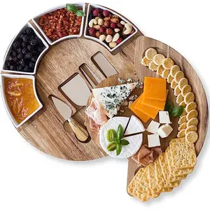 Planche de service ronde pour fromage avec couteau à fromage de stockage Bois massif en caoutchouc couleur naturelle Support OEM & ODM