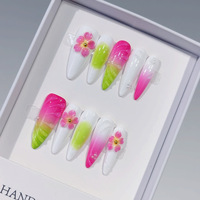 Lot de 10 faux ongles amande faits main, base blanche, dégradé rose-vert, avec fleurs 3D et pierres – Style ongles amande