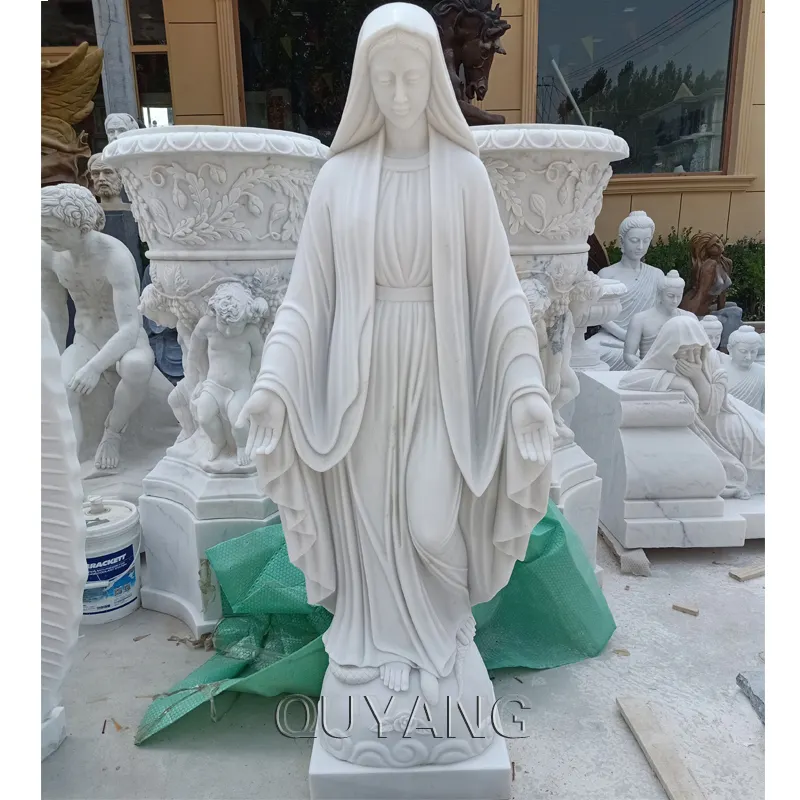 QUYANG taş sanatı avrupa tarzı kilise dekoratif şekil heykeli el oyma yaşam boyutu beyaz doğal mermer meryem heykel