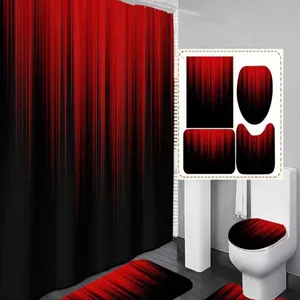 4pcs渐变红色黑色浴室套装简约风格浴帘装饰带防滑浴室配件家用浴缸套装