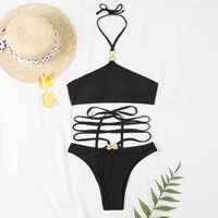 Noir Sexy string Bikini ensemble côté licou maillot de bain dames réglable Bandage Style brésilien maillots de bain femmes vêtements de plage