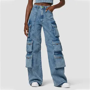 Custom wholesale high rise wide leg 12 flap pockets whiskering fading distressed bottom dart cargo jean pants